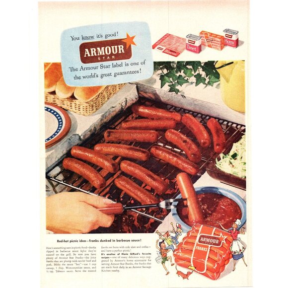 1952 Armour Star Franks Hot Dogs Vintage Print Ad BBQ Grill Cookout Wall Art 50s - Picture 1 of 2